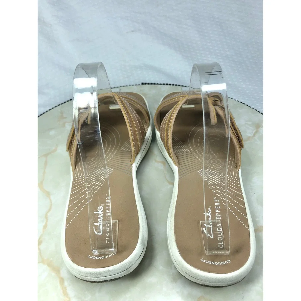 Clarks Cloudsteppers Slide Sandals Women 8 Tan Adjustable Straps Summer Comfort